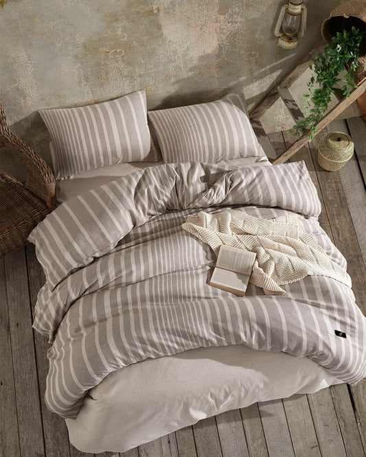 Light Brown Bedding Set with Beige Stripes